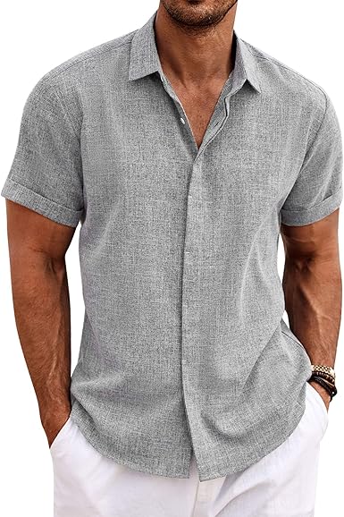 COOFANDY Men's Linen Shirts Short Sleeve Casual Shirts Button Down Shirt for Men Beach Summer Wedding Shirt