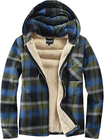 Elesuit Men's Full Zip Fleece Flannel Jackets Shirt Plaid Cotton Hoodies Soft Warm Coat for Men with Hood